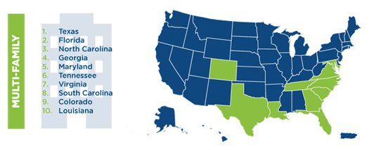 Map depicting top states for NGBS Green Certification in 2023 in order: Texas, Florida, North Carolina, Georgia, Maryland, Tennessee, Virginia, South Carolina, Colorado, and Louisiana