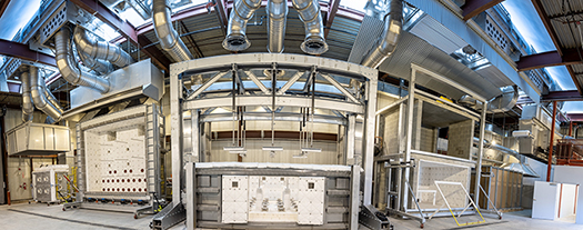 Panoramic view of the Home Innovation Fire Lab showing 5 large-scale fire testing furnaces